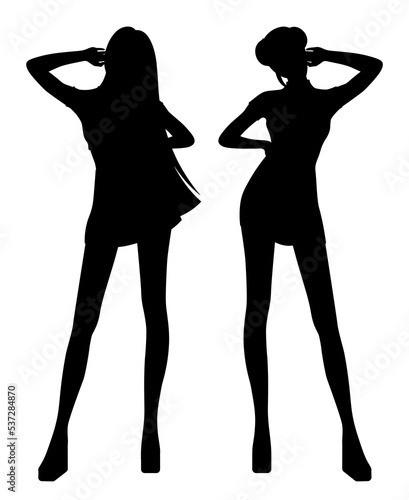 Black silhouettes of long-legged girls. Go-go dancers or models. Shadows of women with high heels. The girls are standing. Young sexy girl isolated vector silhouette. Beautiful slim woman. 