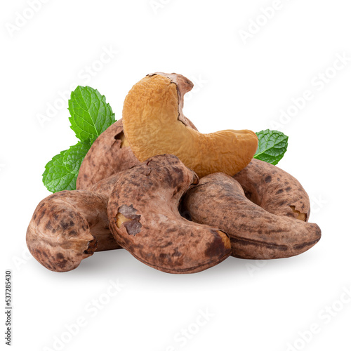 Close-up Roasted cashew nuts with Mint leaf isolated on an alpha background photo