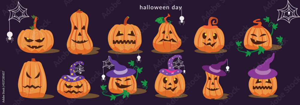 Happy Halloween. Set with fun pumpkins black Happy Halloween. Set with fun pumpkins black