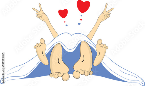 All you need is love. Love couple rendezvous. 
Two happy people make love under a blanket. Heart symbols. Isolated on white illustration
