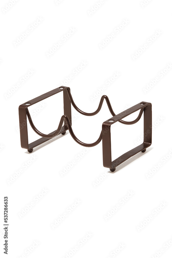 Close-up shot of a metal shelf for two bottles of wine in loft style. The brown wine rack is isolated on a white background. Diagonal front view. Close-up shot of a metal shelf for two bottles of wine in loft style. The brown wine rack is isolated on a white background. Diagonal front view.