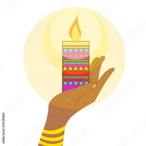 cartoon vector hand with candles on diwali