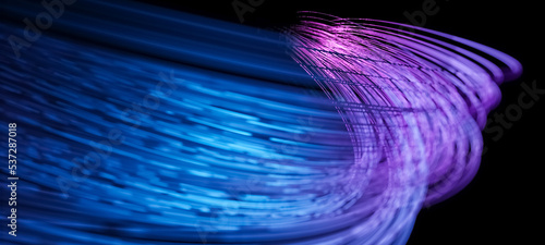 Abstract 3D illustration of glowing bright blue neon light streaks in motion. Visualization of data transfer, rapid movement or cyberspace on black background