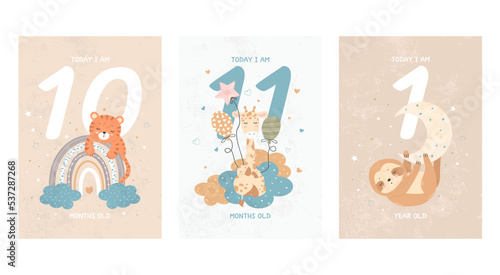 Prints featuring cute sleeping animals, capturing all the special moments by month. Baby number cards for newborns. 10, 11 months and 1 year. Vector photo