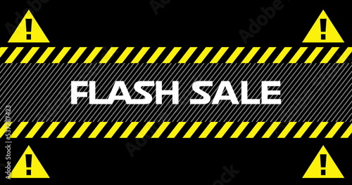 Flash Sale text between industrial ribbons and warning signs 4k