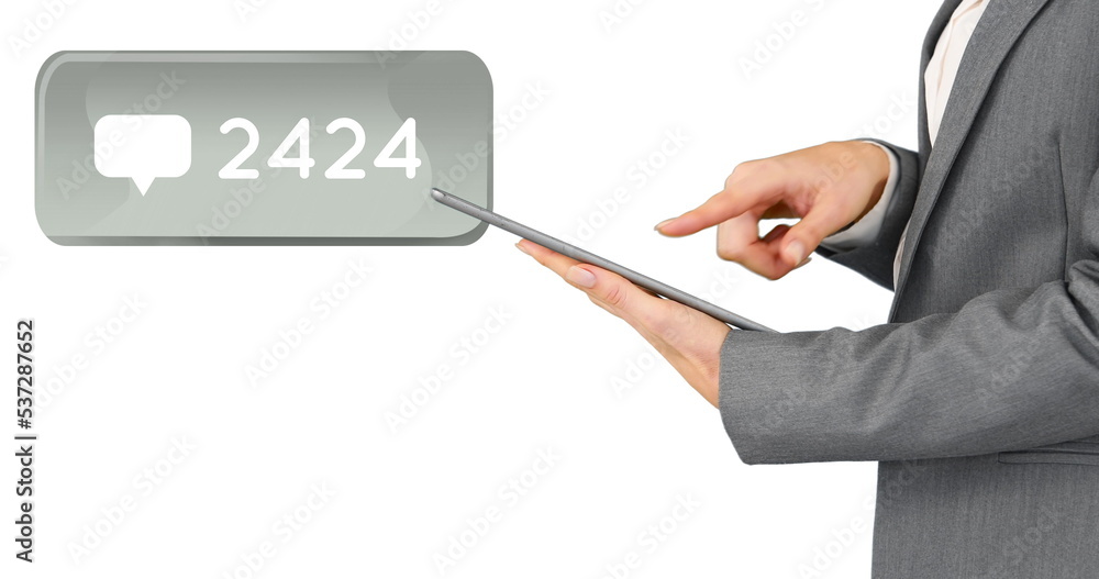 Image of 2424 messages and caucasian businessman with tablet on white background Image of 2424 messages and caucasian businessman with tablet on white background