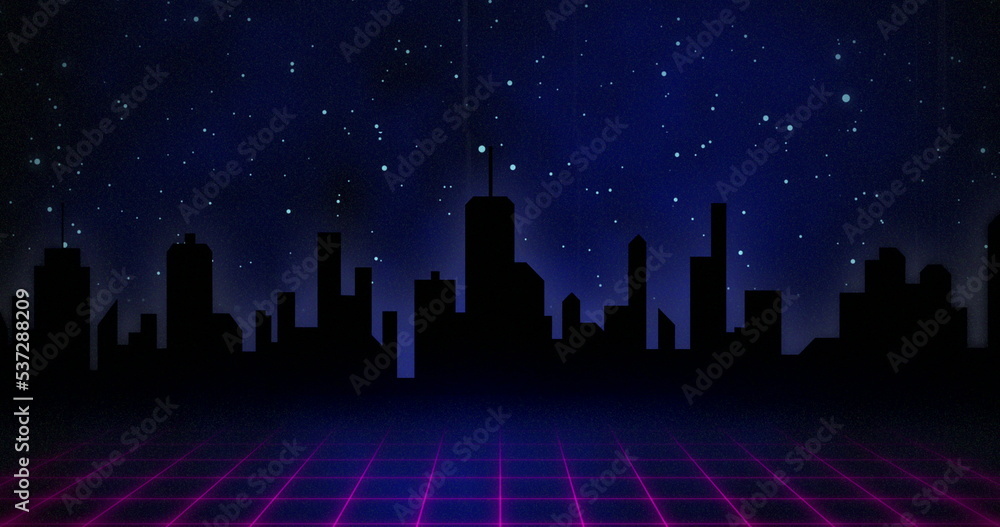 Image of digital navy space with city and stars