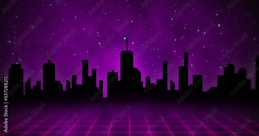 Image of digital purple space with city and stars