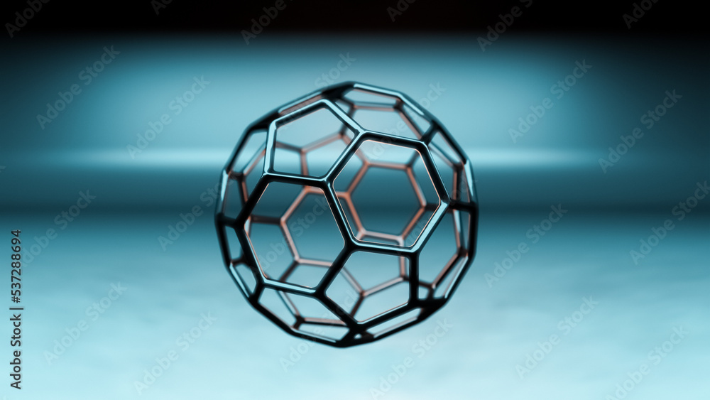 Buckminsterfullerene C60 Molecule model, allotrope of fullerene carbon atoms, round sphere with hexagonal rings or mesh, molecular 3D illustration