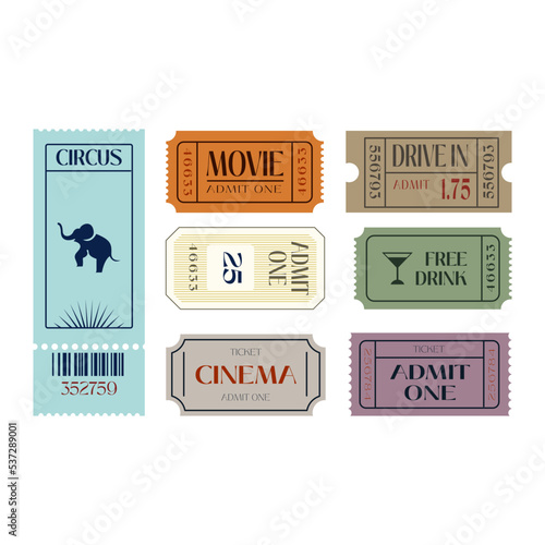 Cinema paper tickets set. Entry cards for movie premiere, film festival, theatre, show, concert, performance, or entertainments concept. Colored flat vector illustration isolated on white background