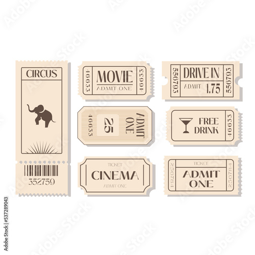 Cinema paper tickets set. Entry cards for movie premiere, film festival, theatre, show, concert, performance, or entertainments concept. Colored flat vector illustration isolated on white background