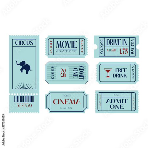 Cinema paper tickets set. Entry cards for movie premiere, film festival, theatre, show, concert, performance, or entertainments concept. Colored flat vector illustration isolated on white background