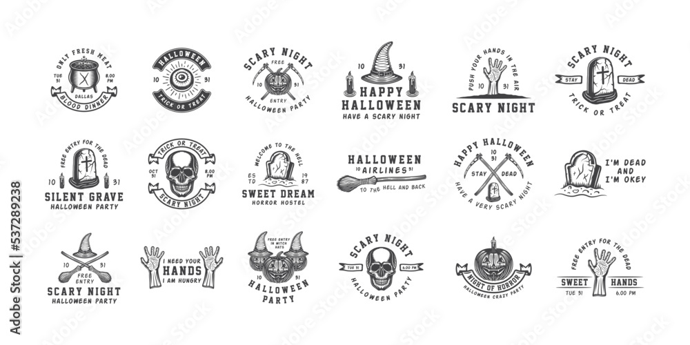 Vintage retro halloween logos, emblems, badges, labels, marks, patches. Engraving style.