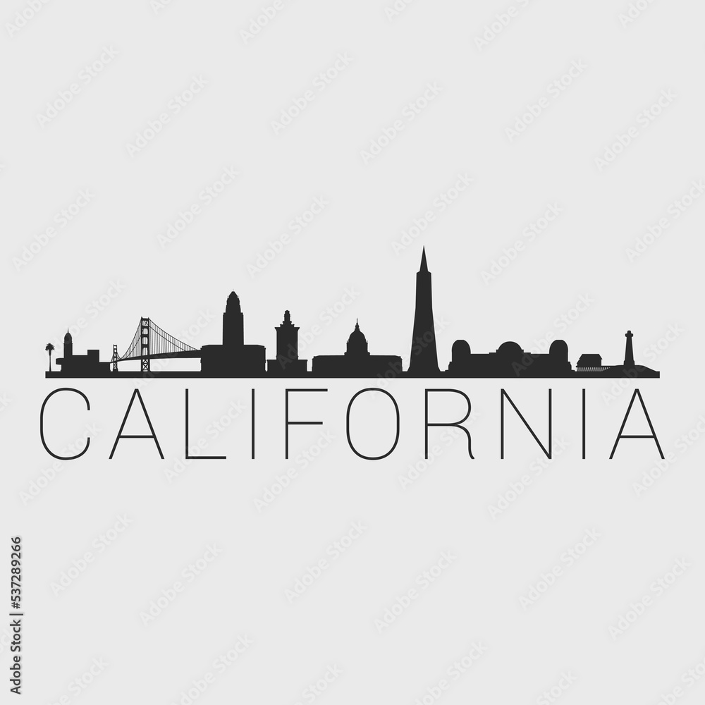 California, USA City Skyline. Silhouette Illustration Clip Art. Travel Design Vector Landmark Famous Monuments.