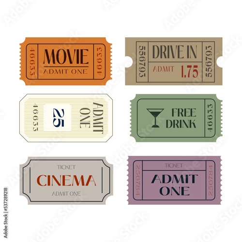 Cinema paper tickets set. Entry cards for movie premiere, film festival, theatre, show, concert, performance, or entertainments concept. Colored flat vector illustration isolated on white background