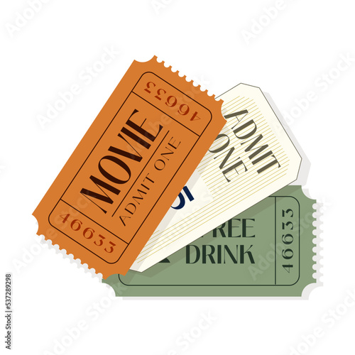 Cinema paper tickets set. Entry cards for movie premiere, film festival, theatre, show, concert, performance, or entertainments concept. Colored flat vector illustration isolated on white background
