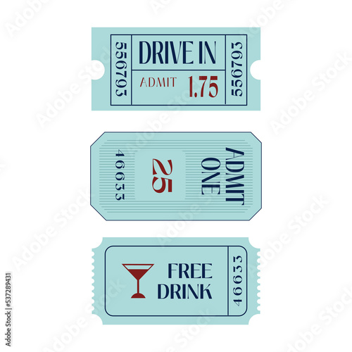 Cinema paper tickets set. Entry cards for movie premiere, film festival, theatre, show, concert, performance, or entertainments concept. Colored flat vector illustration isolated on white background