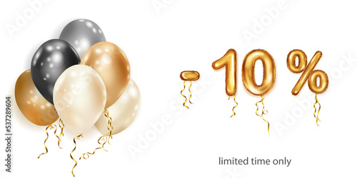 Discount creative illustration with white, black and gold helium flying balloons and golden foil numbers. 10 percent off. Sale poster with special offer on white background