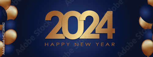 Happy New Year 2024 Elegant gold text with balloons and confetti. Realistic vector illustration