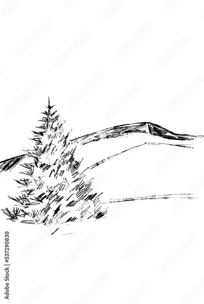 On a white background, a black outline of a mountain and a Christmas tree