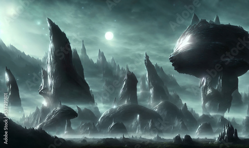 Hazy and Foggy Alien Civilization on an exoplanet - Sci-Fi fantasy world 