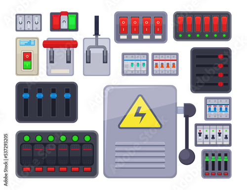 Different kinds of switches vector illustrations set. Collection of drawings of safety switches or circuit breakers, electric buttons for machines on white background. Technology, electricity concept