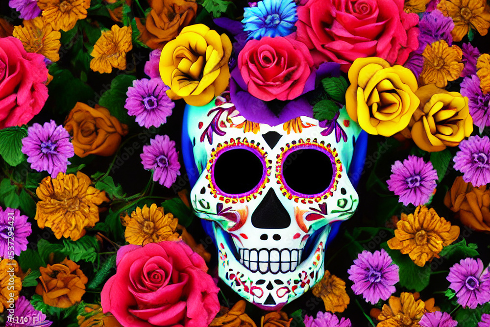 sugar skull with calaveras makeup, Day of the dead, colorful Mexican flowers sugar skull with calaveras makeup, Day of the dead, colorful Mexican flowers