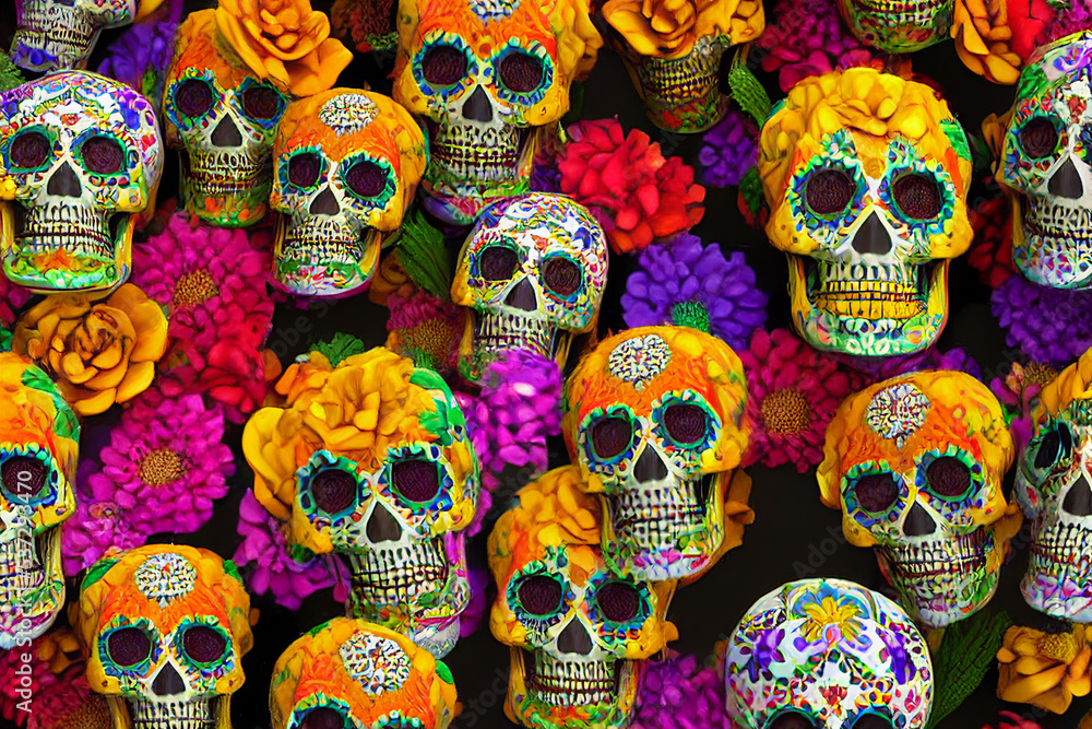 Day of the dead, sugar skull with calaveras makeup, Mexican greeting card Day of the dead, sugar skull with calaveras makeup, Mexican greeting card