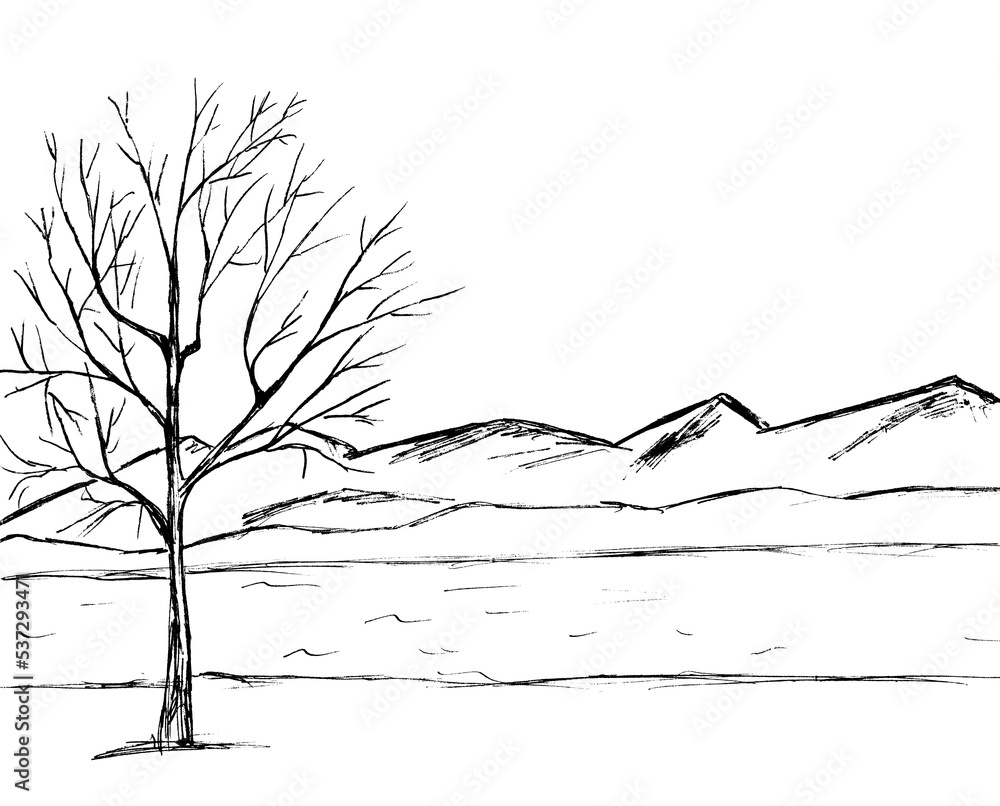 Against the background of mountains, a tree with bare branches