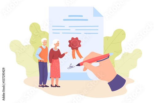 Tiny old people and huge hand signing document. Elderly people writing declaration or planning retirement flat vector illustration. Finances, old age concept for banner, website design or landing page photo