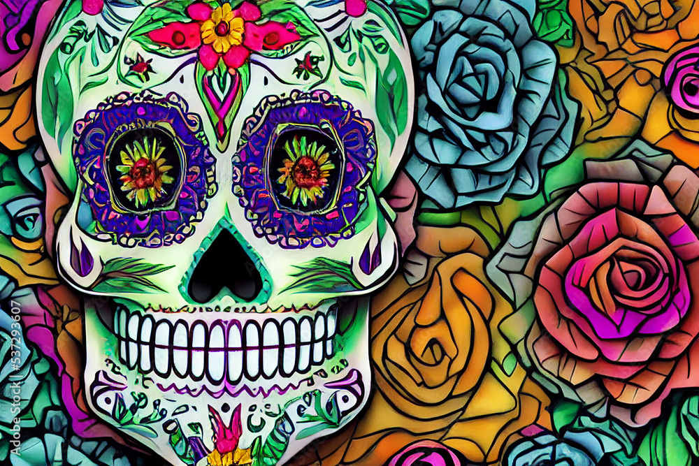 Day of the dead, Dia de los muertos, sugar skull with calaveras makeup, aztec marigold flowers, Mexican greeting card Day of the dead, Dia de los muertos, sugar skull with calaveras makeup, aztec marigold flowers, Mexican greeting card
