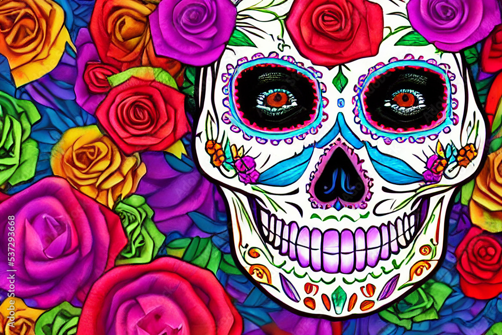 sugar skull with calaveras makeup, Day of the dead, colorful Mexican flowers