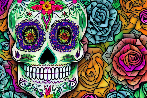 Day of the dead, Dia de los muertos, sugar skull with calaveras makeup, aztec marigold flowers, Mexican greeting card photo