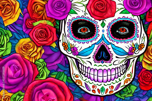 sugar skull with calaveras makeup, Day of the dead, colorful Mexican flowers