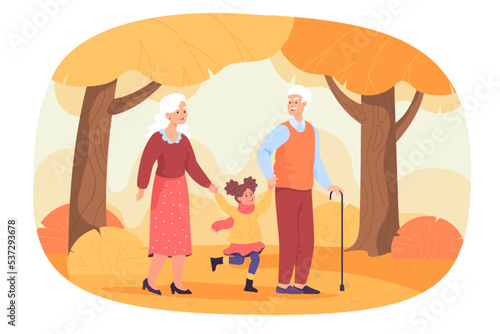 Old couple walking with happy child in autumn park. Granddaughter holding hands of grandfather and grandma flat vector illustration. Family, autumn, old age concept for banner or landing web page