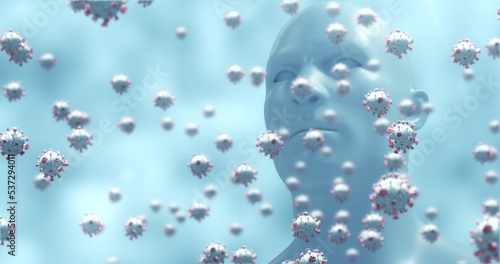Image of 3d red and white coronavirus cells floating over human mannequin head on blue background