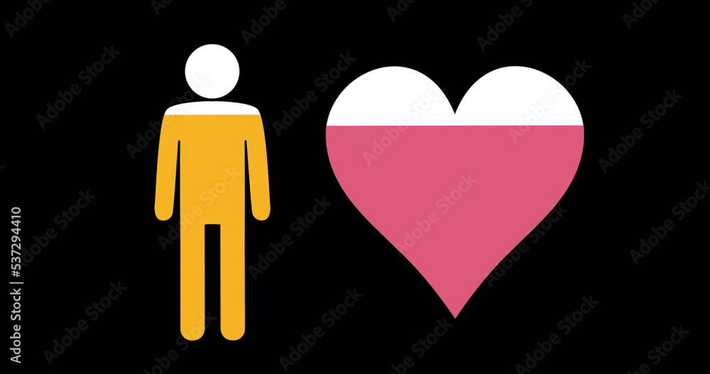 Image of man silhouette and heart half filled with colour on black background Image of man silhouette and heart half filled with colour on black background