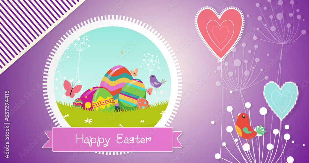 Image of happy easter text over coloured eggs in field on purple background with birds and hearts Image of happy easter text over coloured eggs in field on purple background with birds and hearts