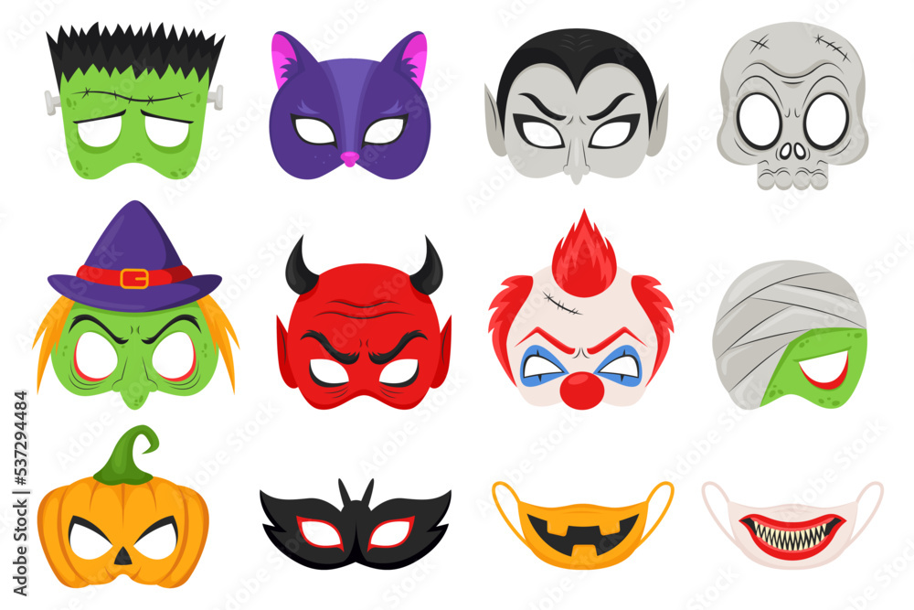 Different Halloween masks for children vector illustrations set. Collection of designs for creepy masks of witch, vampire, mummy, clown isolated on white background. Halloween, holidays concept