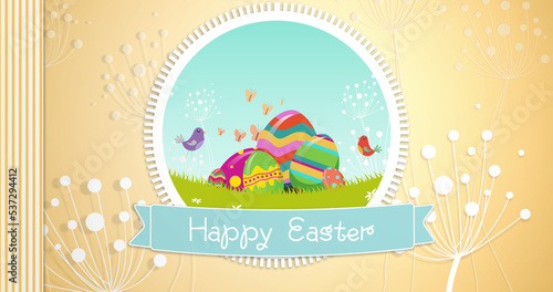 Image of happy easter text over coloured eggs in field on brown background with white plants