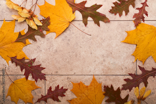Halloween festive autumn background. Autumn decor from pumpkins  berries  maple leaves and chestnuts on old rustic stone tiles backgrounds. Concept of Thanksgiving day Halloween. Top view copy space