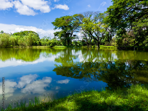 Scenery garden and lake river with tree for rest relax in Kanchanaburi , Thailand