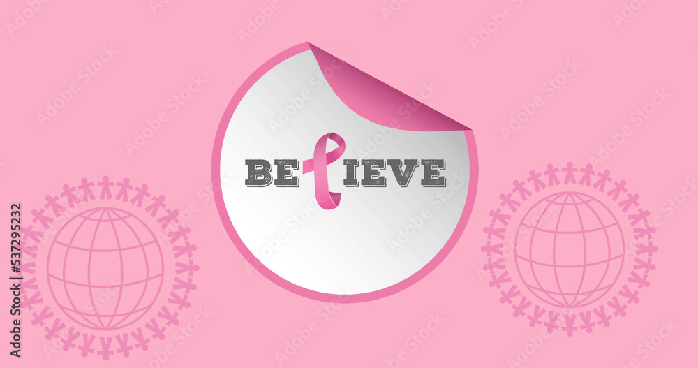 Illustration of believe text in circle with people chains around globes on pink background Illustration of believe text in circle with people chains around globes on pink background