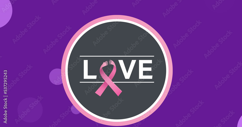 Illustration of love text with awareness ribbon in circle against violet background, copy space Illustration of love text with awareness ribbon in circle against violet background, copy space