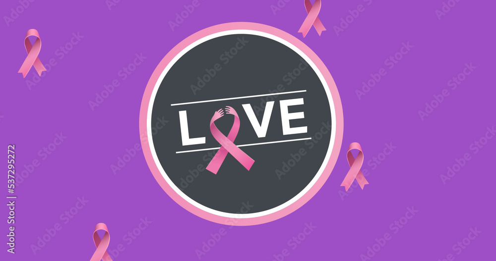 Illustration of love text in circle with pink awareness ribbons on purple background, copy space Illustration of love text in circle with pink awareness ribbons on purple background, copy space
