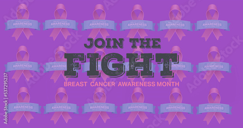 Illustration of join the fight, breast cancer awareness month text with awareness text and ribbons © vectorfusionart