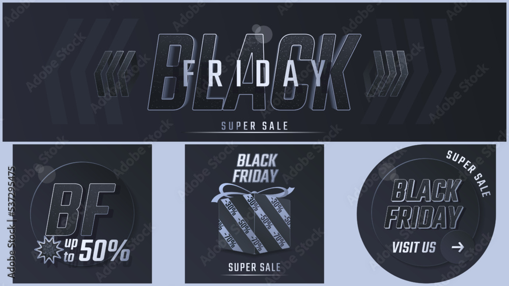 Black Friday banners set. Stylish dark space theme. Online business, banner, poster, booklet, template.