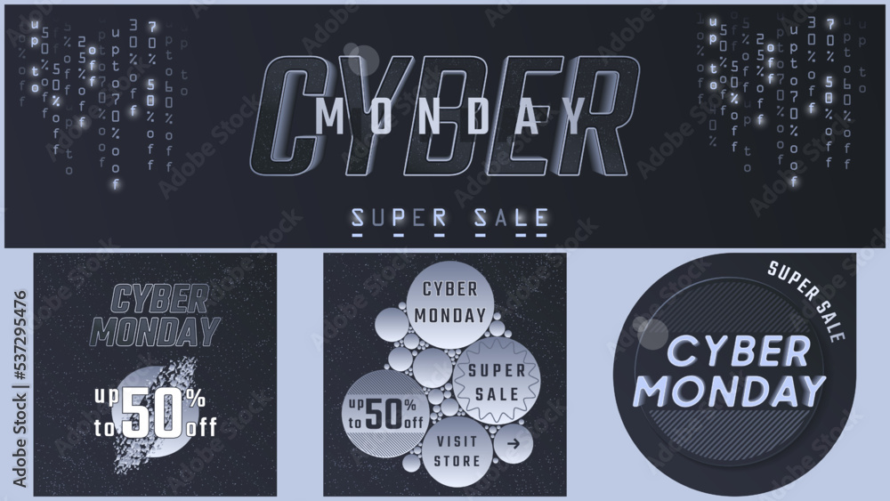 Cyber Monday banner set. Stylish space background, dark theme, frosty mint. Online business, banner, poster, booklet, advertisement, template.
