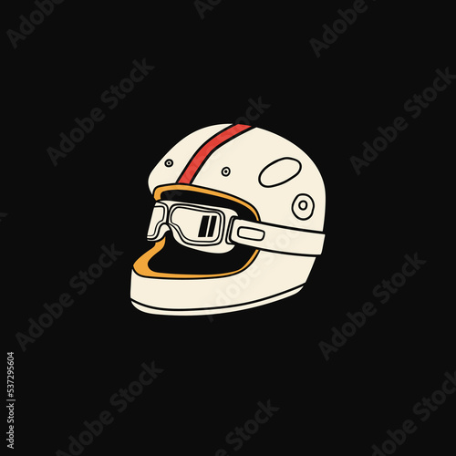 Motorcycle or scooter Helmet. Crash helmet with googles. Hand drawn modern Vector isolated illustration. Motorsport safety, head protection concept. Poster, print, design template. Vintage style