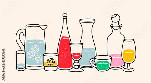 Different liquids in Various containers. Colorful beverage in the bottle, glass, jug, cup and mug. Hand drawn modern Vector illustration. Bar, restaurant menu design template